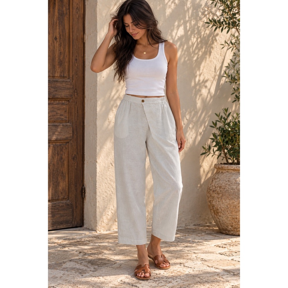 Lintico Women XL White 100% Linen Cropped Pants Elastic Waist Wide Leg